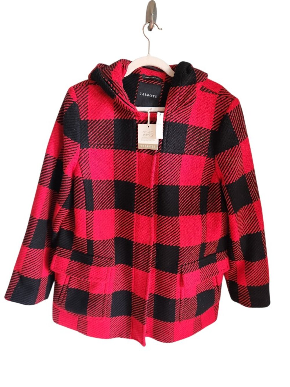 Talbots Coat Jacket Red Black 14 Women's Buffalo Check Plaid Hood Wool Blend NEW